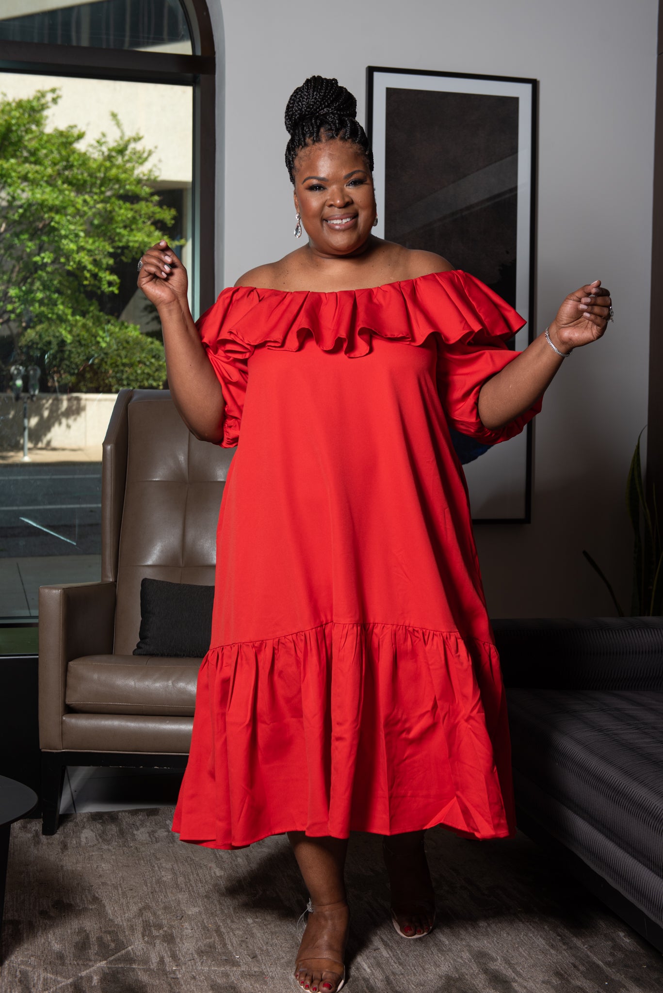 Plus size red ruffle on sale dress